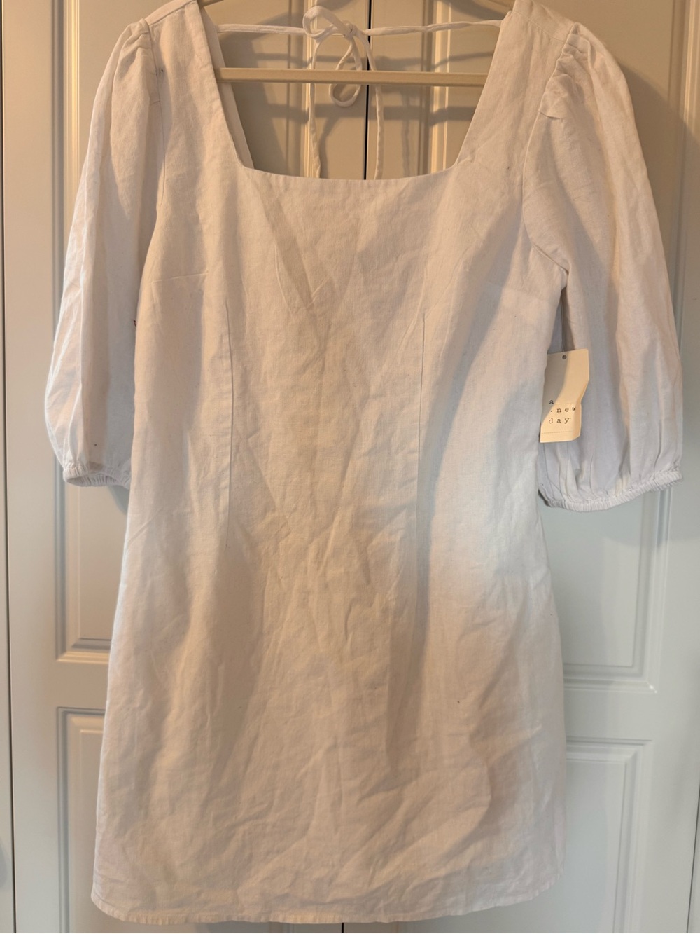 A New Day White Square Neck Puff Sleeve Linen Blend Mini Dress NWT